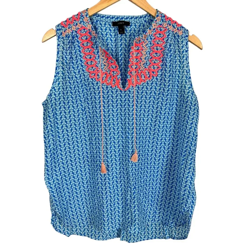 J.Crew Silk Blue Arrow Print Tassel Embroidered Sleeveless Tank top Size 8